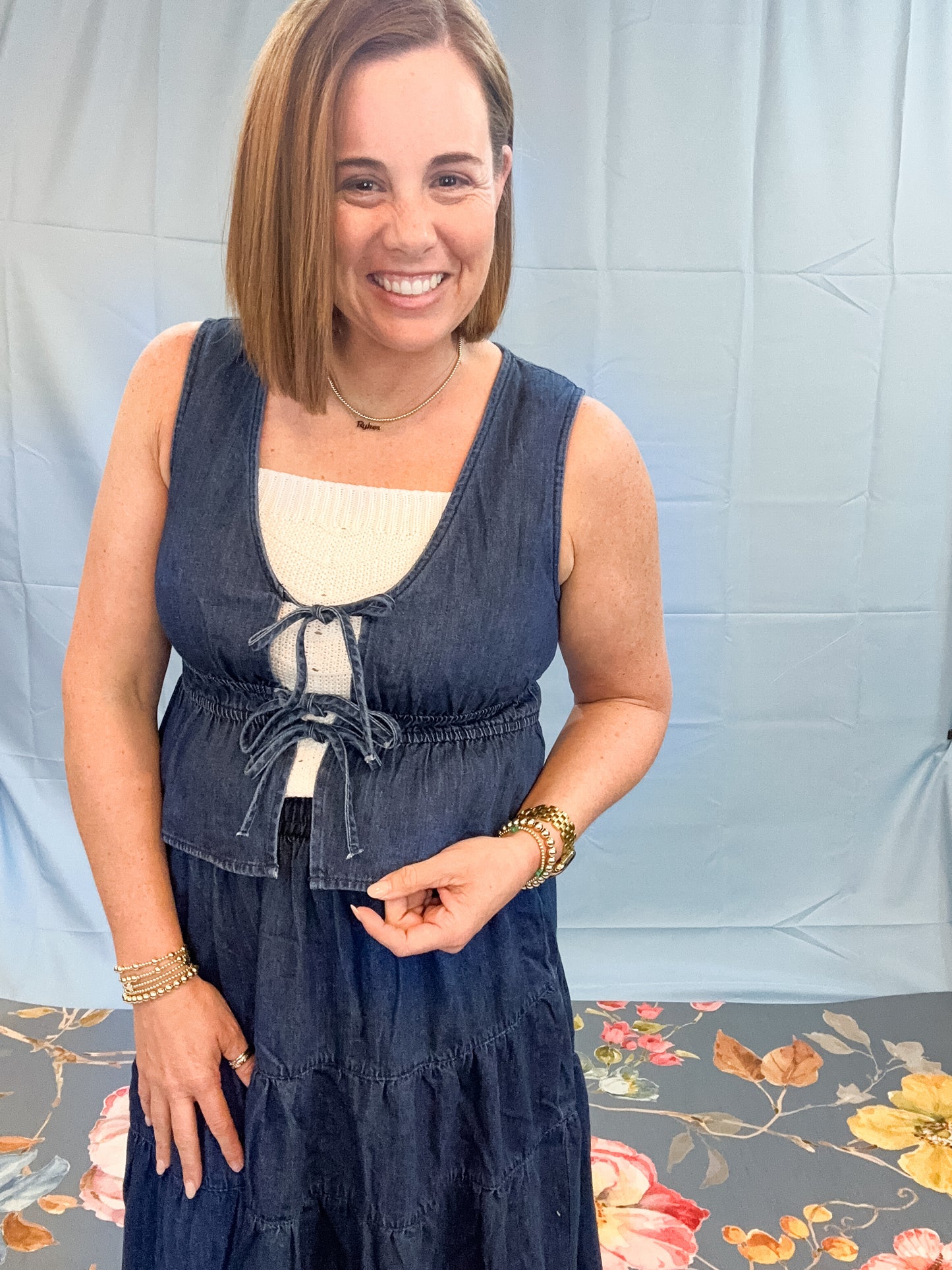 DENIM TIERED MIDI SKIRT