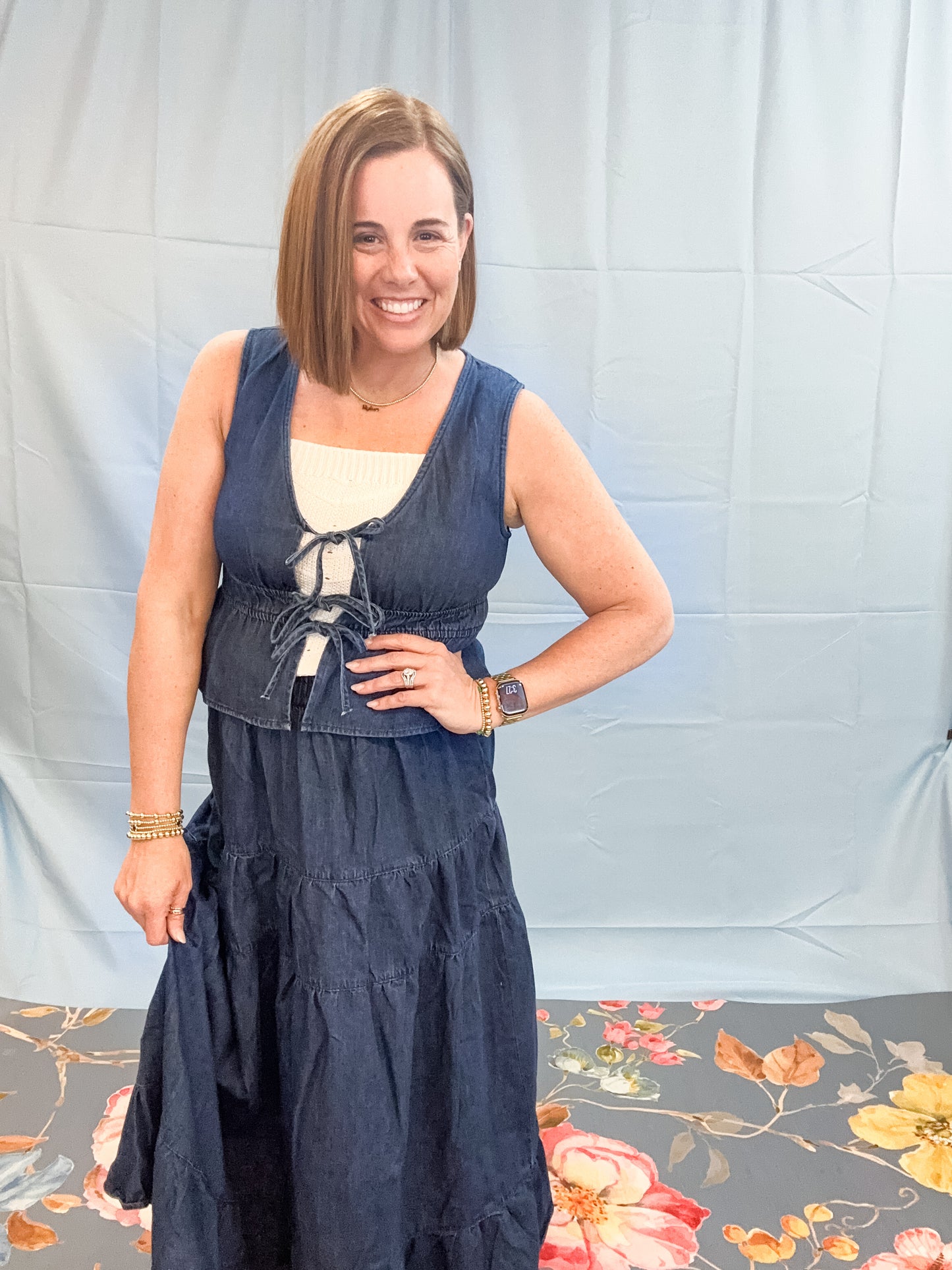 DENIM TIERED MIDI SKIRT