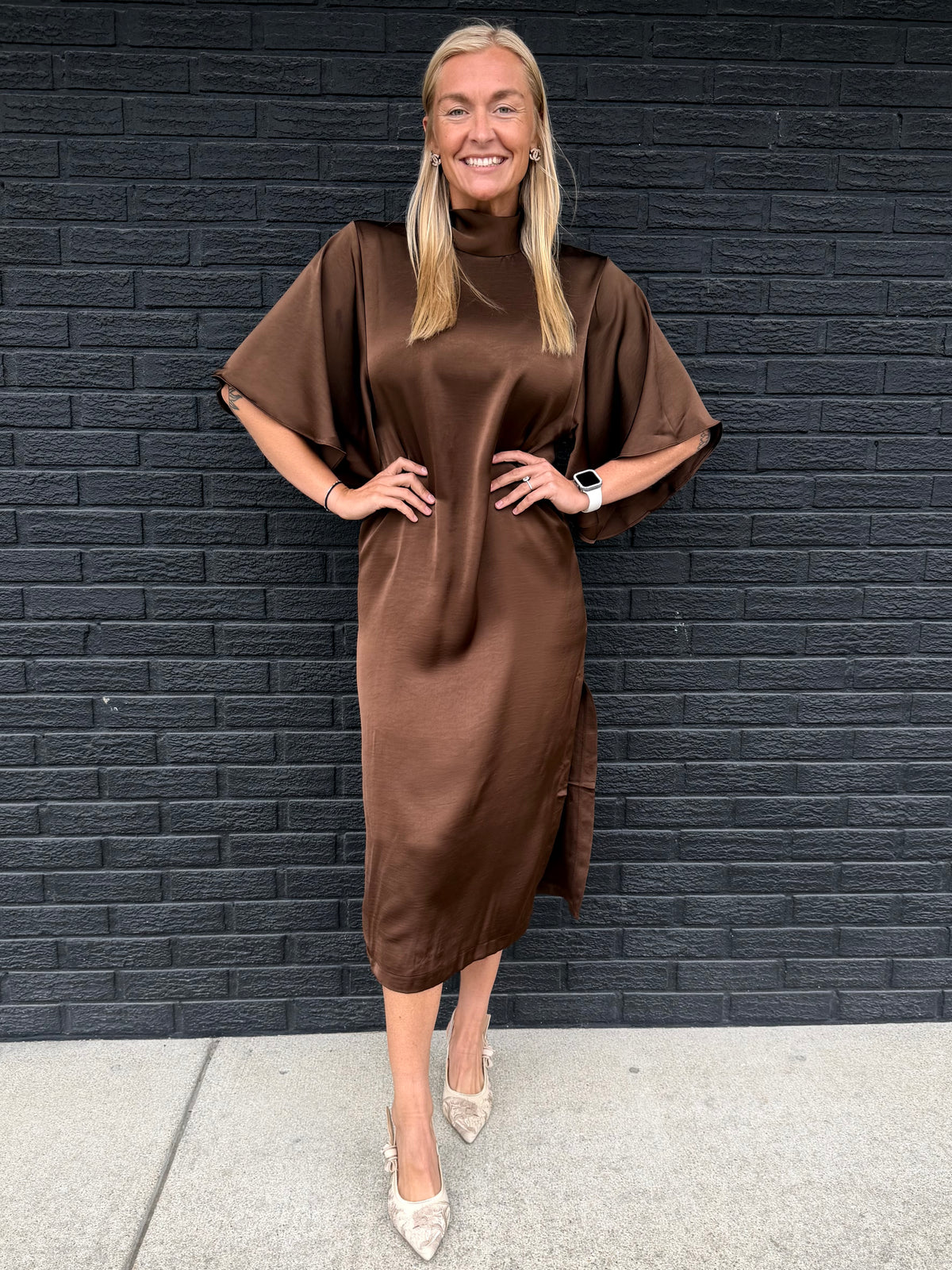 TIE FRONT SATIN MIDI DRESS