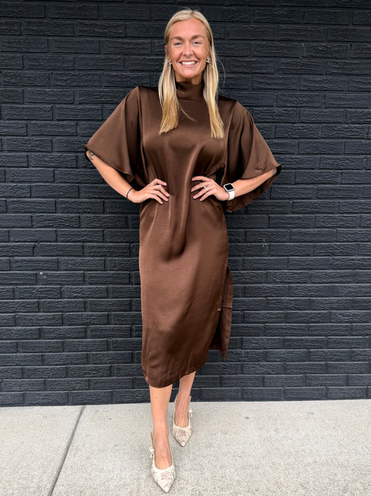 TIE FRONT SATIN MIDI DRESS
