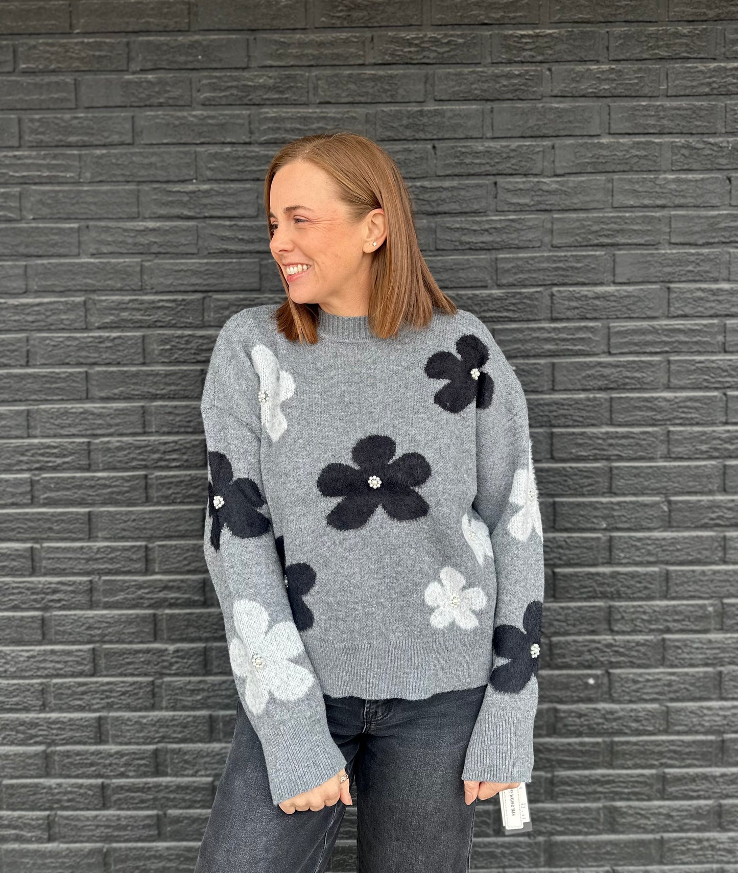 MOCK NECK FLOWER/PEARL DETAIL SWEATER