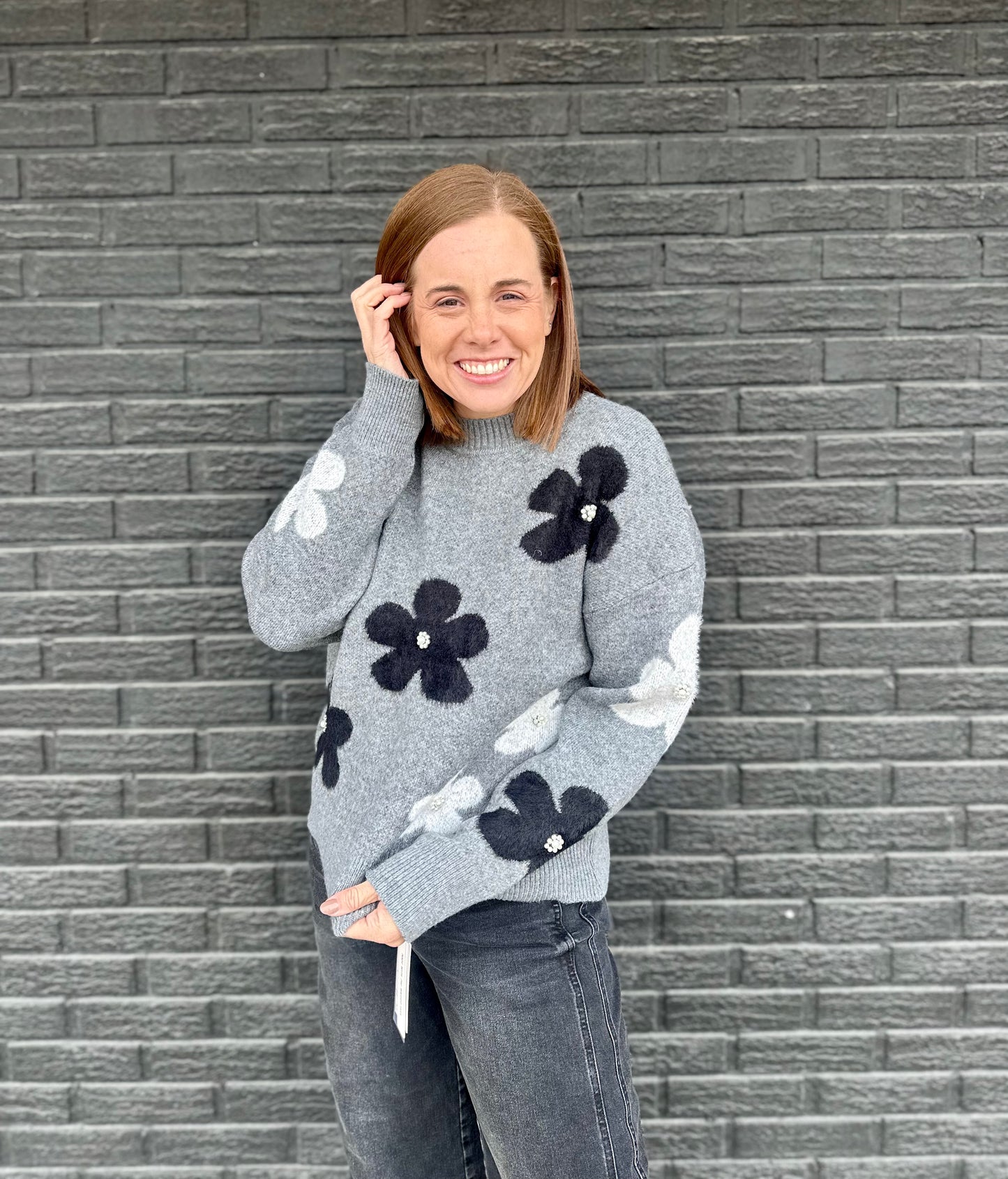 MOCK NECK FLOWER/PEARL DETAIL SWEATER