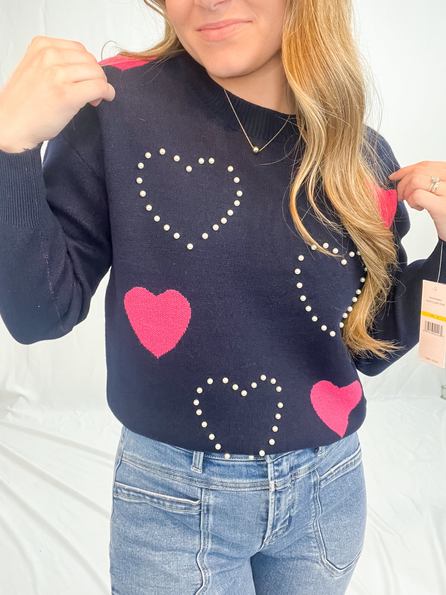 PULL OVER SWEATER W/PEARL HEARTS-NAVY