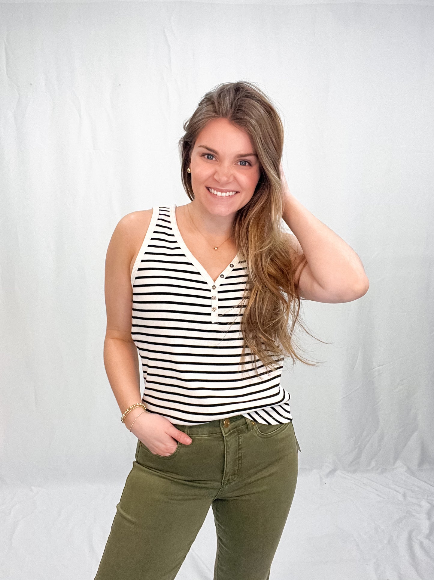 STRIPED HENLEY TANK TOP W/BUTTONS