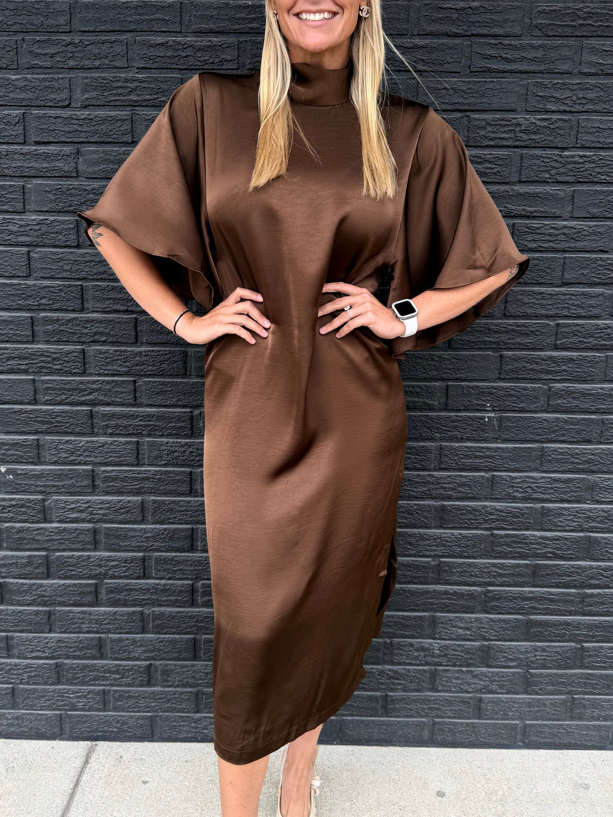 TIE FRONT SATIN MIDI DRESS