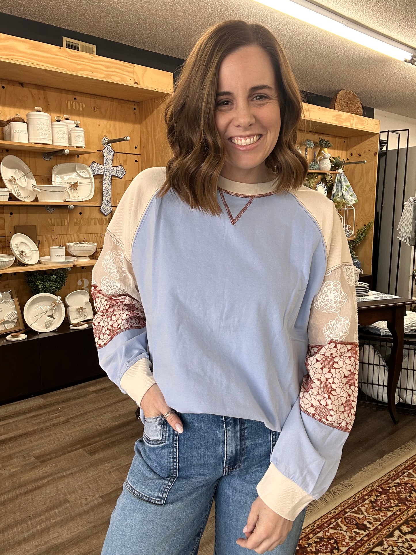 LONG SLEEVE COLORBLOCK MINERAL WASH TOP