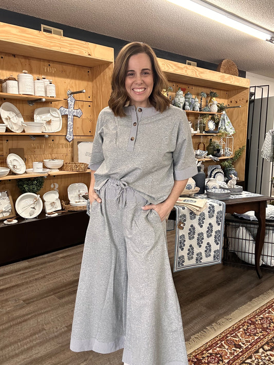 CONTRAST HENLEY & WIDE LEG PANT SET