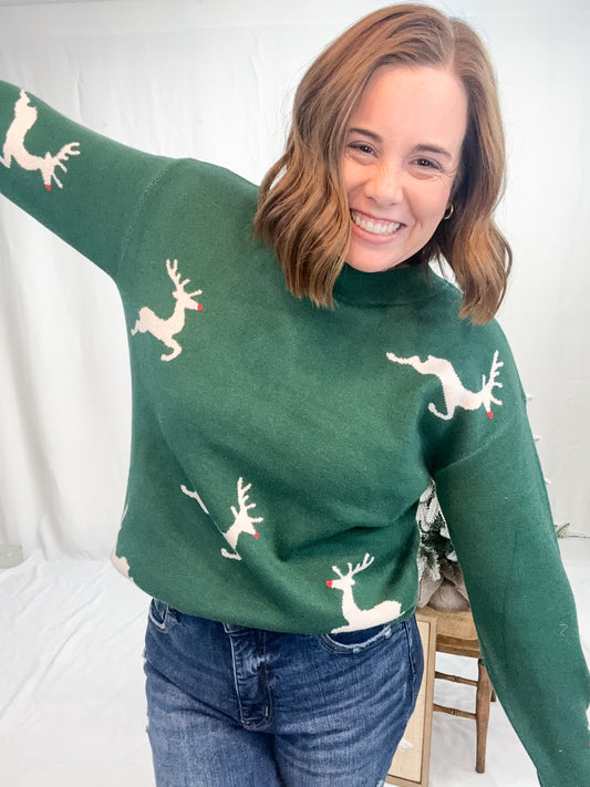 CHRISTMAS DEER MOCK NCK SWEATER-GRN