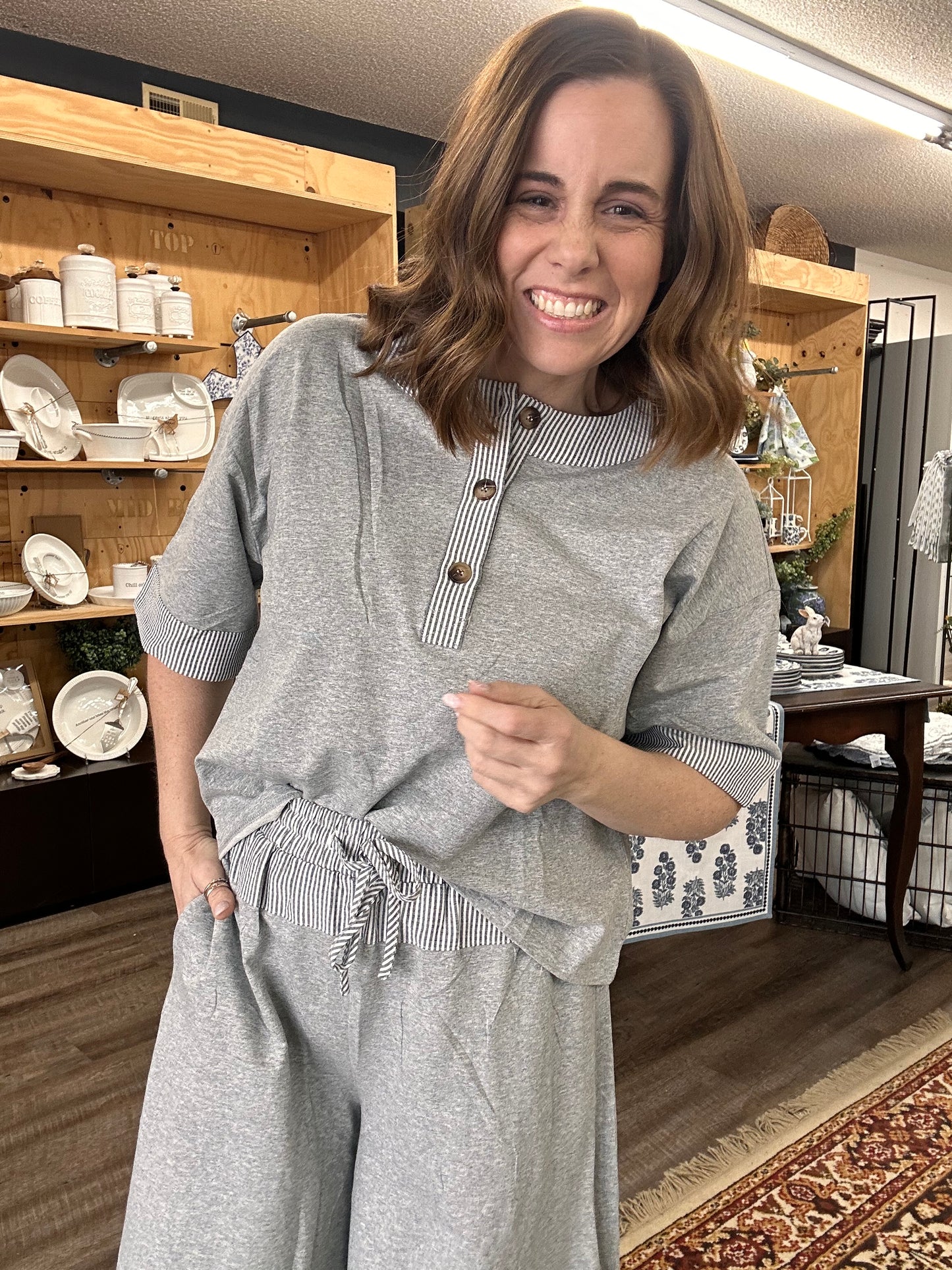 CONTRAST HENLEY & WIDE LEG PANT SET